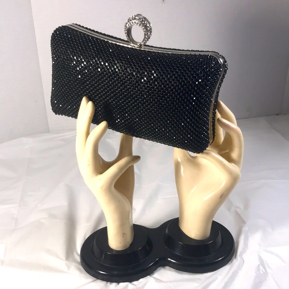 Fawziya Shimmering Black Bling Crystal Ring Held Hardshell Clutch Shoulder Bag - Picture 1 of 8